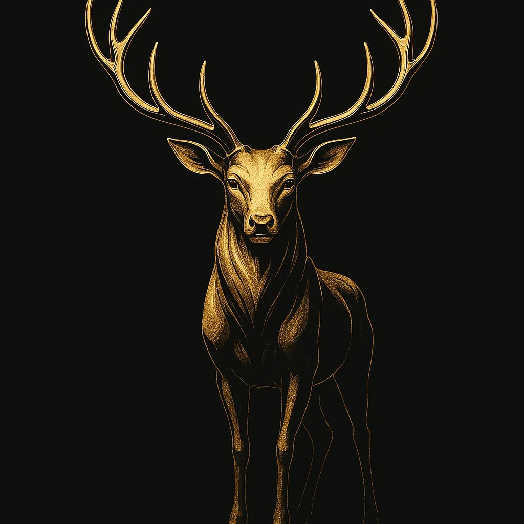 Un cerf majestueux vu de face avec des bois parfaitement symétriques, dans un style élégant et minim.webp